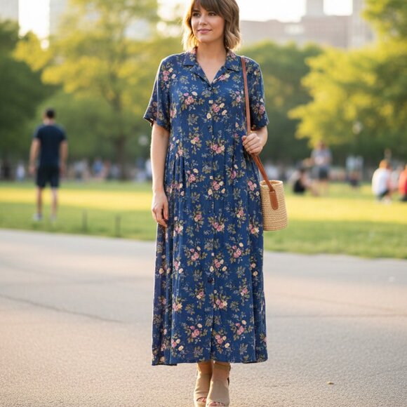 Vintage Dresses & Skirts - Vintage Floral Maxi Dress Button Down Blue Cottage Romantic Whimsical Women XL